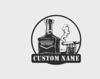 Lámpara LED personalizada de metal con diseño de bourbon y puros. Regalo personalizado para amantes del whisky. Decoración para bar o cueva de hombre.