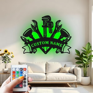 Plumber Tools Custom Sign Metal Wall Decor With Led Light , Plumbing Decor, Gift for Plumber, Workshop Wall Art