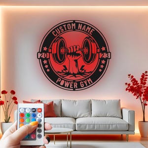 Custom Gym Metal Wall Art: LED Weightlifting Decor