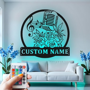 Custom LED Microphone Metal Wall Art: Personalized Musician Gift