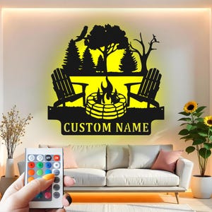 Decorazione murale in metallo con falò personalizzata con luce LED, decorazione da campeggio all'aperto, scena personalizzata per braciere per patio in cabina