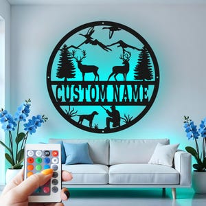 Hunting Scene Custom Sign Metal Wall Decor With Led Light , Hunter Gift, Deer & Duck Wildlife Custom Sign Metal Wall Decor for Cabin Decor
