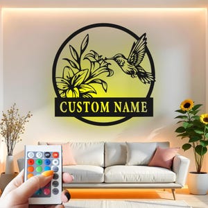 Hummingbird Custom Sign Metal Wall Decor With Led Light  with Flowers, Bird Decor, Garden Lover Gift, Outdoor Patio Decoration