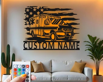 Custom Ambulance Metal Wall Art: RGB LED EMT Paramedic Gift