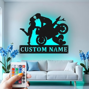 Custom Motorcycle Couple Metal Wall Art with RGB LED Light
