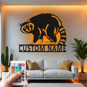 Raccoon Custom Sign Metal Wall Decor With Led Light , Wildlife Animal Decor, Rustic Cabin Gift, Outdoor Lover Home Accent