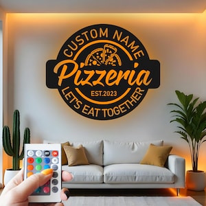 Personalized Pizzeria Metal Sign with LED: Custom Pizza Kitchen Decor