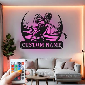 Custom Golfer Metal Wall Art with RGB LED Light: Personalized Golf Decor