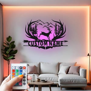 Deer Custom Sign Metal Wall Decor With Led Light, Hunting Decor, Wildlife Scene Wall Hanging, Cabin Gift for Hunter