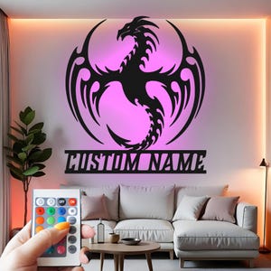 Custom Dragon Metal Wall Art With Led Light,  Personalized Mythical Dragon Decor, Fantasy Wall Hanging Gift for Gamer Room, Teen Bedroom