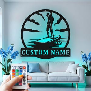 Personalized Paddleboarder LED Metal Wall Art: Lake House Decor