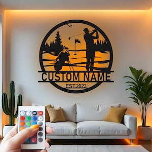 Custom Golfer Metal Wall Art with RGB LED Light - Personalized Golf Decor