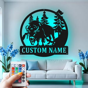 Buffalo Custom Sign Metal Wall Decor With Led Light , Rustic Wildlife Bison Decor for Cabin, Lodge or Outdoor Enthusiast Gift