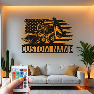 Custom Excavator Metal Wall Art with LED: Construction Gift