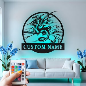 Custom Dragon Metal Wall Art With Led Light , Personalized Fantasy Dragon Decor, Mythical Creature Wall Hanging, Gamers & Dragon Lovers