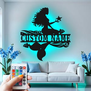 Mermaid Custom Sign Metal Wall Decor With Led Light , Nautical Mermaid Decor for Girls Room, Beach House Gift