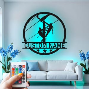Lineman Custom Sign Metal Wall Decor With Led Light , Power Line Worker Decor, Electrician Gift, Utility Worker Wall Hanging