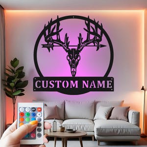 Deer Skull Custom Sign Metal Wall Decor With Led Light , Hunting Decor, Rustic Hunter Gift for Cabin or Man Cave