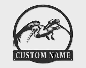 Insegna in metallo personalizzata con pellicano e LED / Decorazione murale a tema costiero, targa con nome per casa al mare