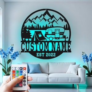 Custom Camping Metal Wall Art with LED: Personalized RV Decor
