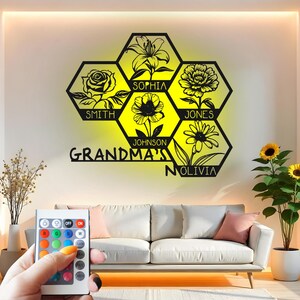 Custom Grandma&#39;s Garden Metal Wall Art: Floral LED Family Name Sign