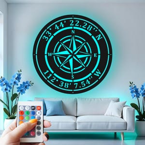 Custom Compass Metal Wall Art with RGB LED Light: Personalized Nautical Decor