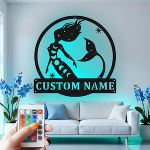 Art mural sirène personnalisé en métal avec lumière LED, décoration nautique personnalisée, cadeau thème océan pour chambre de fille, accent de maison de plage