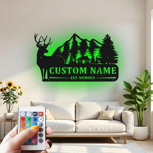 Custom Deer Cabin Metal Wall Art: LED Mountain Lodge Decor