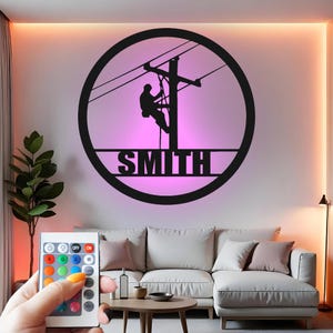 Lineman Custom Sign Metal Wall Decor With Led Light , Power Line Worker Decor, Utility Worker Gift, Electrician Home Office Sign
