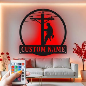 Custom Lineman LED Metal Wall Art: Electrician Gift, Garage Decor