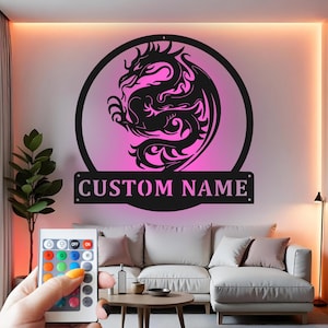 Dragon Metal Wall Art With Led Light , Fantasy Decor, Dragon Lover Gift, Metal Wall Art for Game Room, Home Bar Decor