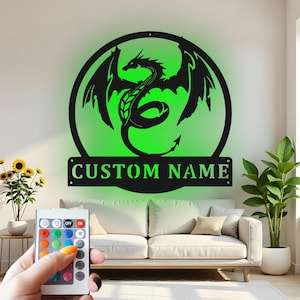 Custom Dragon Metal Wall Art With Led Light , Fantasy Dragon Decor, Personalized Mythical Creature Metal Wall Art Gift