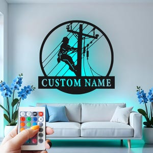 Custom Lineman Metal Wall Art: LED Electrician Gift