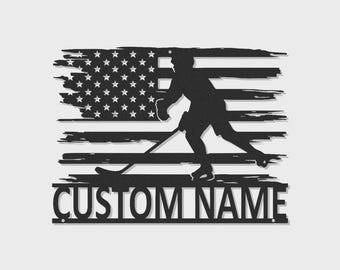 Personalized Hockey Player Metal Sign | Custom Name USA Flag LED Wall Art
