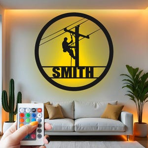 Lineman Custom Sign Metal Wall Decor With Led Light , Power Line Worker Decor, Utility Worker Gift, Electrician Home Office Sign
