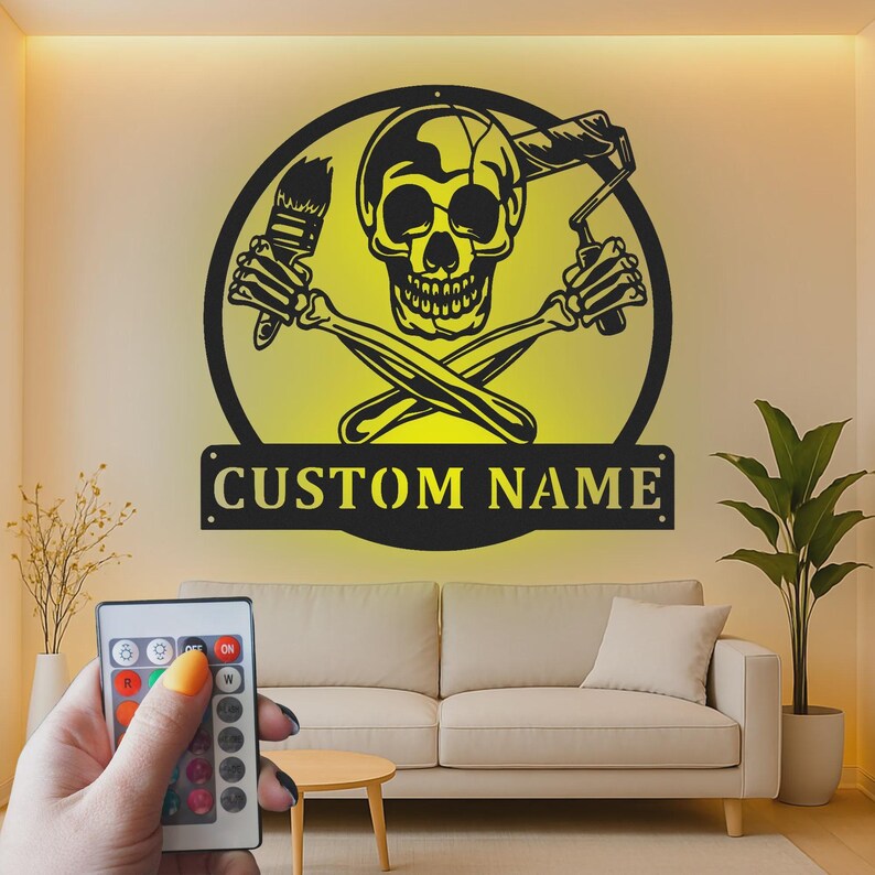 Custom Skull Painter Sign | Personalized LED Metal Art for Studio ...