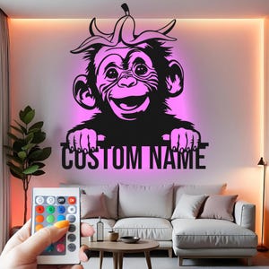 Monkey Custom Sign Metal Wall Decor With Led Light , Playful Banana Monkey Decor, Jungle Nursery Gift, Kids Room Wall Hanging