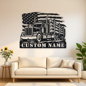 May include: A black metal wall art piece featuring a semi-truck hauling logs in front of a distressed American flag design. The base of the artwork includes a rectangular plaque with the text CUSTOM NAME in bold, capitalized lettering.