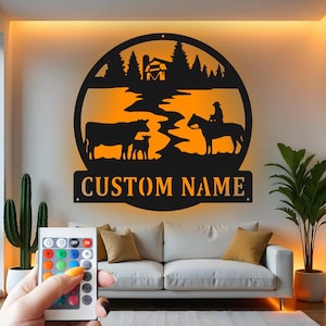 Custom Ranch Metal Wall Art with LED Lights: Personalized Farmhouse Decor