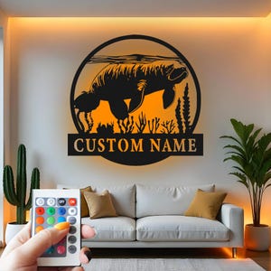 Custom Manatee Metal Wall Art with LED: Personalized Ocean Decor
