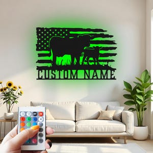 Custom Cow and Calf Metal Wall Art: Farmhouse American Flag Decor with LED