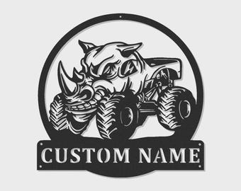 Personalized Monster Truck LED Sign | Custom Rhino Metal Wall Art | Boys Room & Man Cave Decor | Off-Road Name Plaque