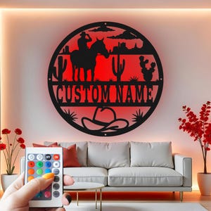 Custom Cowboy Metal Wall Art with LED: Personalized Ranch Decor