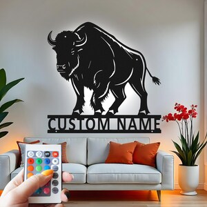 Op maat gemaakte metalen muurkunst buffel met led: rustiek interieur
