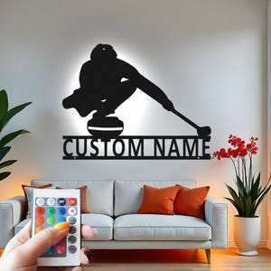 Custom Curling Player LED Metal Wall Art: Personalized Sports Decor
