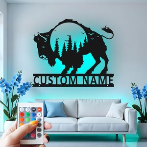Buffalo Custom Sign Metal Wall Decor With Led Light , Wildlife Bison Custom Sign Metal Wall Decor Decor, Rustic Cabin Gift Idea