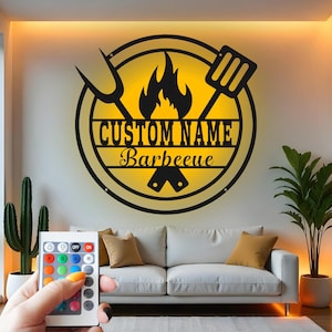 BBQ Grill Custom Sign Metal Wall Decor With Led Light , Barbecue Decor, Outdoor Patio Gift for Grill Master