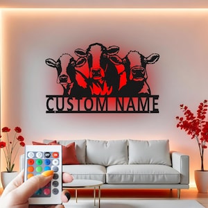 Custom Cow Metal Wall Art With Led Light , Personalized Farmhouse Decor, Rustic Cattle Family Metal Wall Art Gift