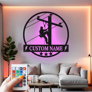 Lineman Custom Sign Metal Wall Decor With Led Light , Power Line Worker Decor, Electrician Gift for Him, Utility Worker Office Sign