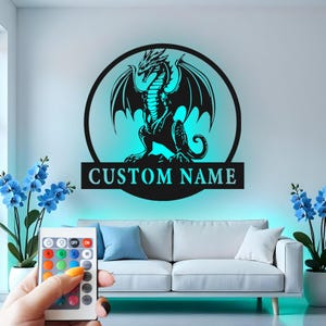 Custom Dragon Metal Wall Art With Led Light , Personalized Fantasy Dragon Decor, Mythical Creature Gift for Gamer, Dragon Lover Room Decor